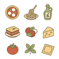 Italian Cuisine Icon Set – Flat Line Style with Pasta & Pizza