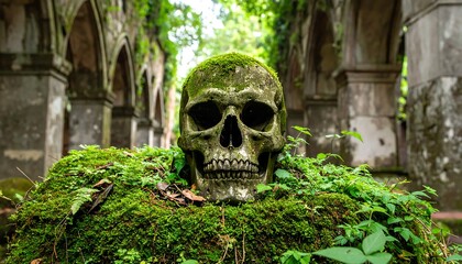 Aged skull amidst moss-covered ruins