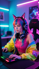 ultra realistic photo young woman with colored hair in anime style with pointed elf ears and gaming headphones fashionably dressed in bright clothes emotionally plays computer games in typical gamer r
