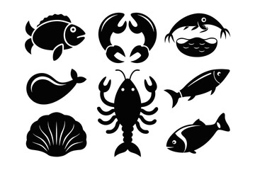 Black and White Seafood Icons Set Featuring Fish Crab Claws Lobster Shrimp Shell and Other Marine Life Perfect for Restaurant Menus or Nautical Themed Designs