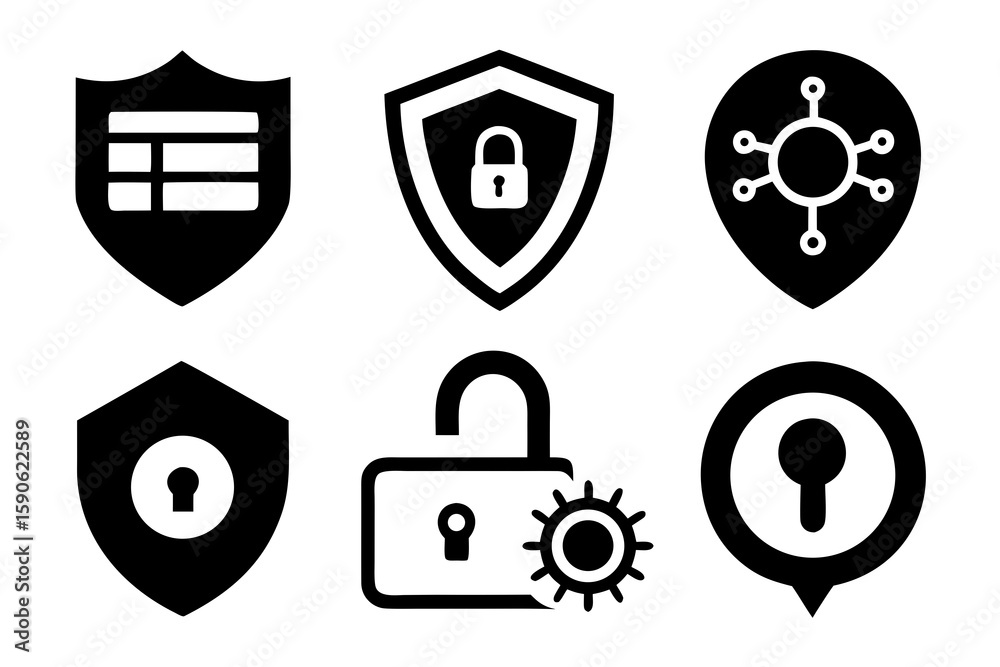 Poster set of security icons representing data protection cybersecurity and privacy featuring shields locks
