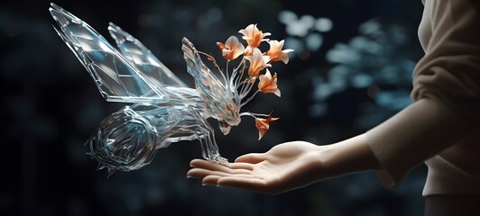 A liger wings , a small creature made of glass that is sitting in the palm of your hand,ai generative