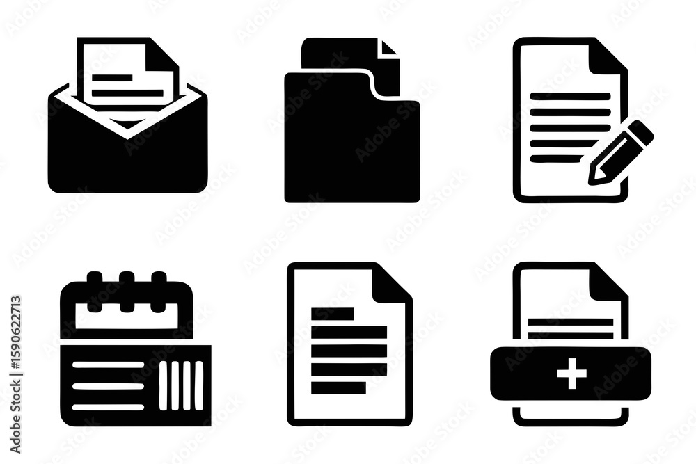 Poster set of black vector icons representing documents including an email folder document with pencil cale