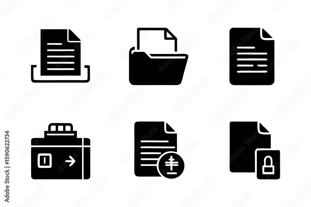 Fototapete Set of black glyph icons representing documents folders file transfer encryption and file settings suitable for web design and application interfaces isolated on white