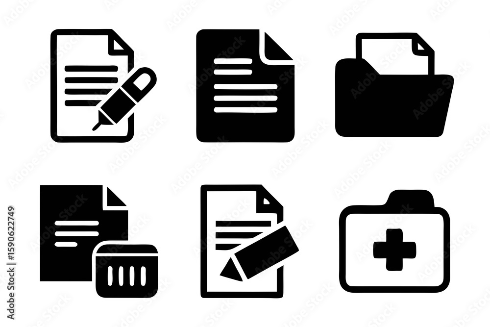 Poster set of document icons including file editing folder organization data storage and medical records al