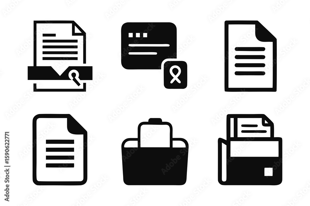 Poster set of black and white office and document icons representing files folders data and information man