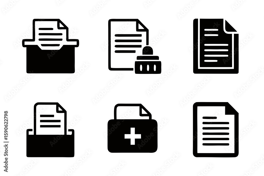Poster collection of black and white document icons representing various file management concepts and medic
