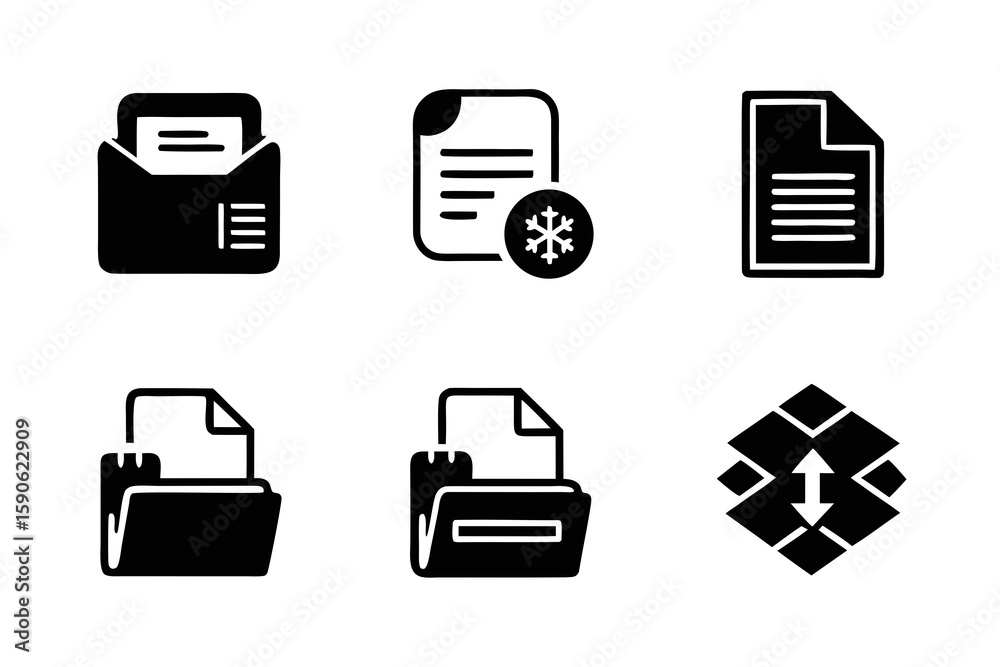 Poster collection of black and white file and folder icons with snowflake and data transfer symbols for dig