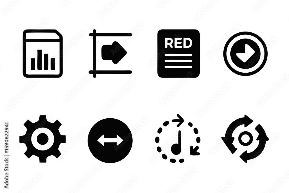 Poster Collection of Eight Black and White Minimalist Icon Designs Representing Data Direction Settings and Processes for Use in User Interface and Web Design Projects