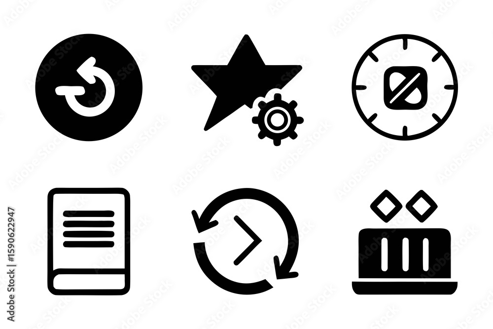 Poster collection of black and white pictogram icons representing different actions and objects including r