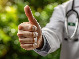 Doctor gives thumbs-up, blurry green background