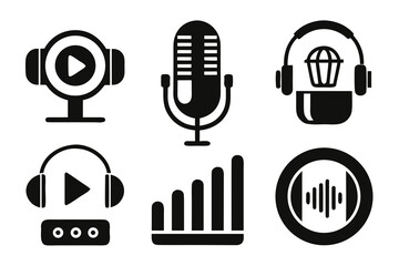 Podcast and Audio Equipment Icon Set in Black and White Featuring Microphone Headphones Webcam Sound Waves and Signal Strength for Recording and Broadcasting