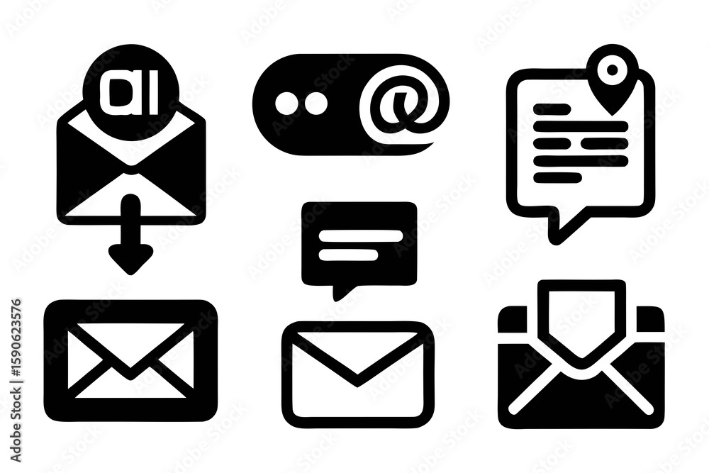 Poster set of black and white communication icons including email chat location and messaging symbols for w