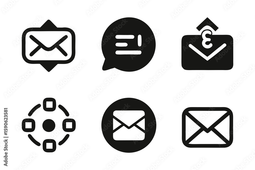 Poster collection of black and white communication icons including mail message network and attachment symb