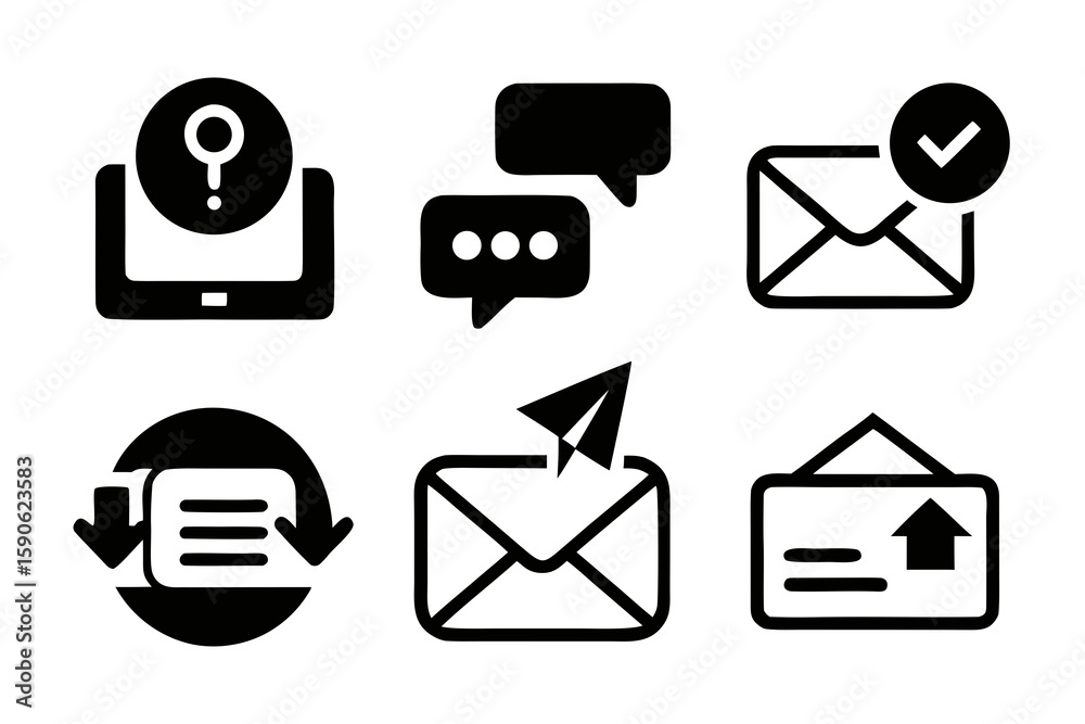 Poster collection of communication icons representing different actions like sending receiving question upl