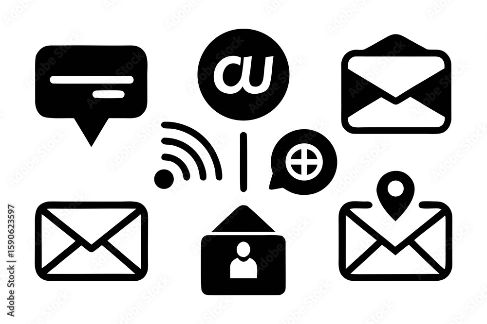 Poster set of communication icons in black and white including email chat wifi location and home representi