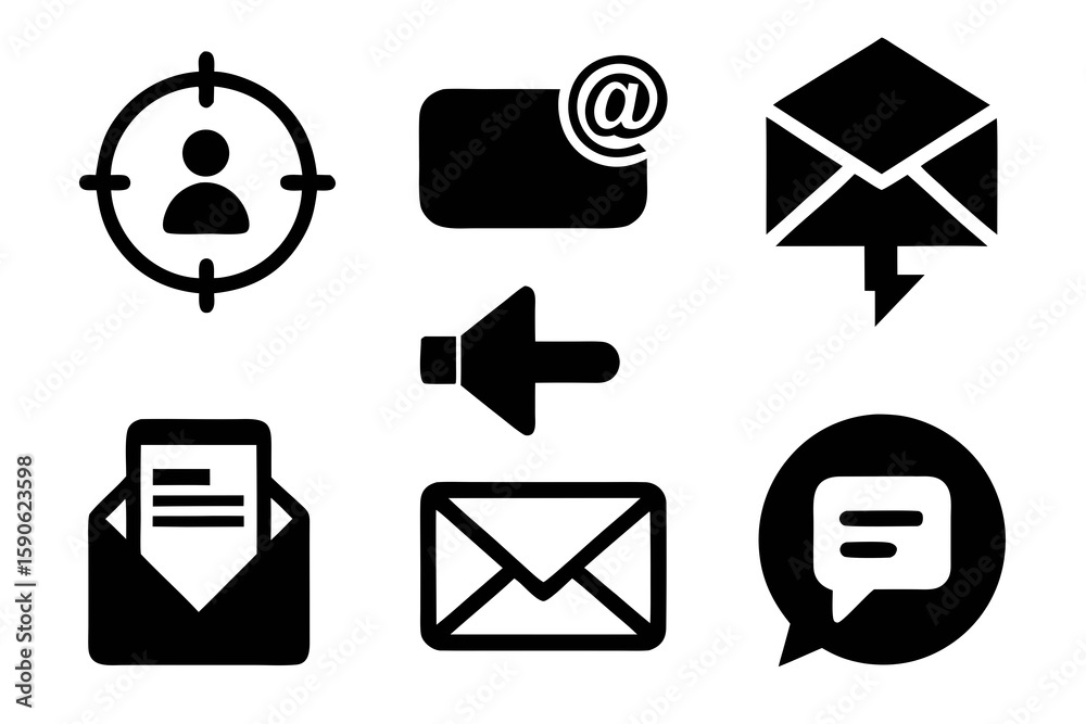 Poster set of black and white communication icons including target audience email address send message open