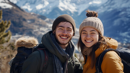 Happy Couple Hiking in Snowy Mountains on a Winter Adventure – Smiling Travelers Enjoying Cold Weather Outdoor Trekking and Scenic Nature Views