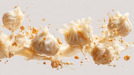 a deconstructed dim sum with floating ingredients on white background