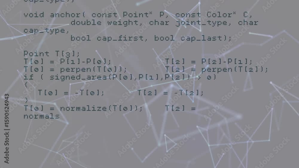 Poster opening code snippet animating api calls and geometric functions over glowing node network