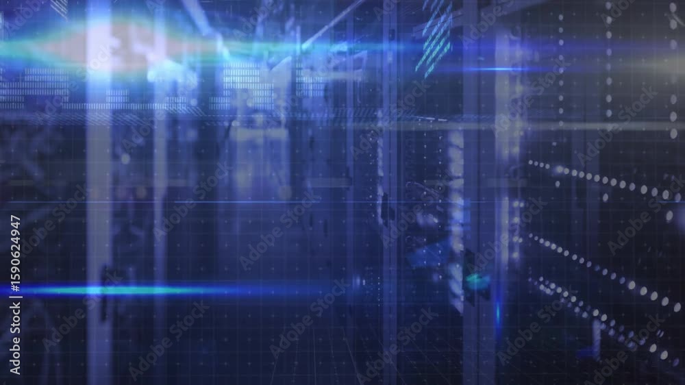 Poster lens flares initiating scan, server racks emitting light and showing data overlays visualizing flow