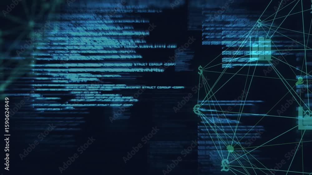 Poster blue code intensifying and shifting causing graph nodes lighting icons appearing showing data flow