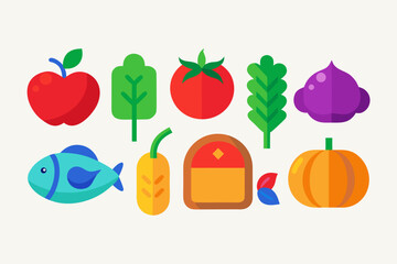 Flat Design Food Icons Set Vegetables Fruits Fish Bread