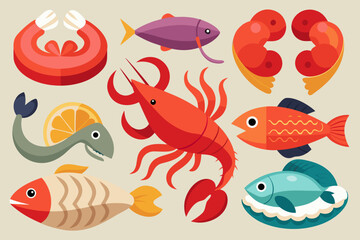 Fototapeta premium Colorful Flat Illustration of Seafood