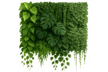 Vertical garden displaying lush tropical greenery, dense foliage layering multiple plant species against transparent backdrop