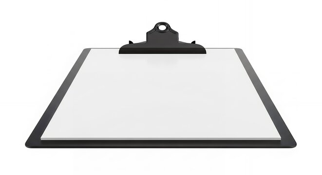 A clipboard with blank white paper is isolated on a white background with a black clip, concept for presentation mockups, document templates and stationery branding design