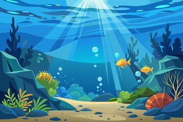 Cartoon underwater scene with coral reef rocks sand and fish swimming in the ocean with sunlight streaming through the water creating a peaceful and vibrant
