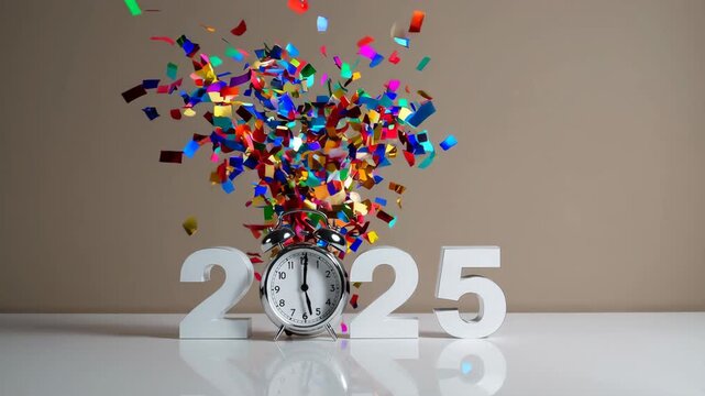 Vibrant confetti explosion celebrating 2025 with clock and numbers