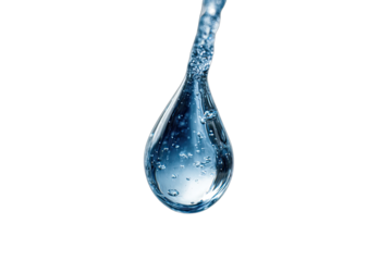A single, teardrop-shaped water droplet, suspended in mid-air, with a thin stream of water flowing into it.  The water's surface reflects light, showing subtle details and texture