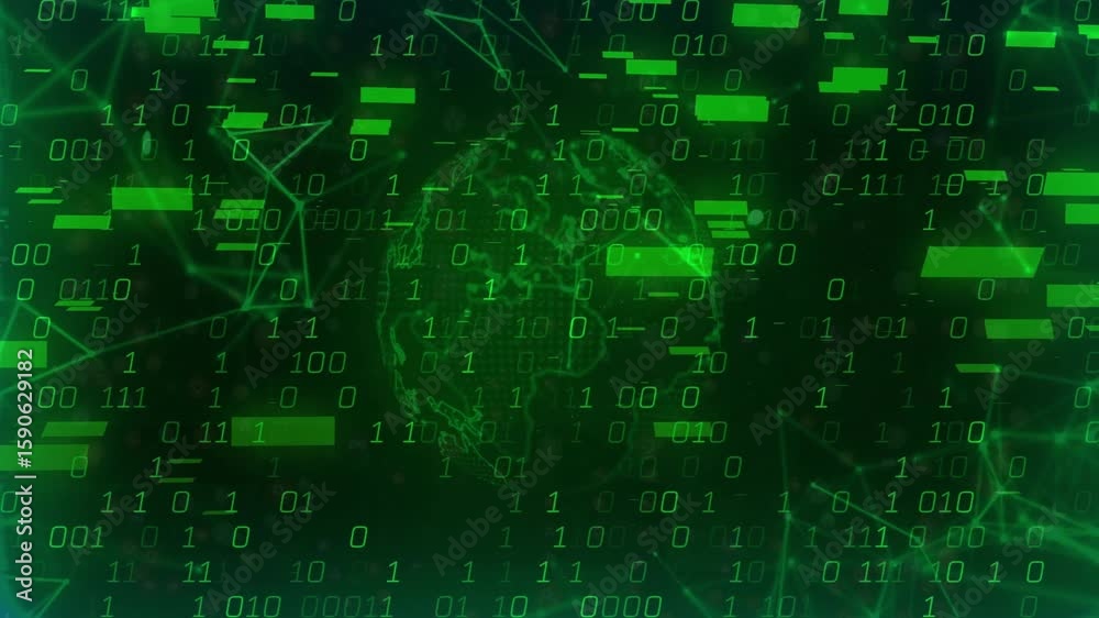 Poster globe fading starting drifting binary digits with network forming around orb visualizing data flow