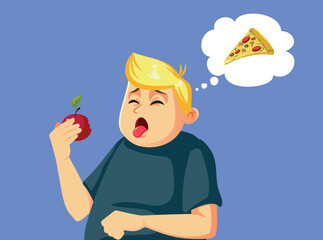 Funny Man Trying Diet Foods Thinking of Fast Food Vector Cartoon. Person in caloric deficit trying to eat only healthy foods 

