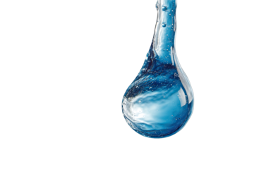 A single, vibrant blue water droplet hangs suspended in mid-air, showcasing its glassy surface texture and internal reflections