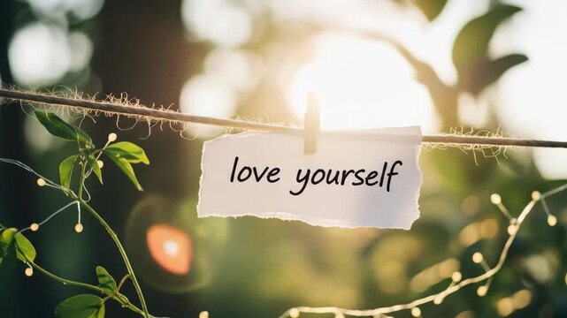 Positive inspirational message love yourself on outdoor hanging paper
