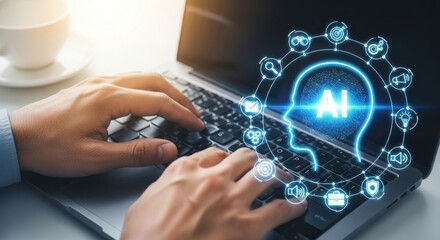 Photo of a person is typing on a laptop with an ai interface displayed, representing artificial intelligence and technology