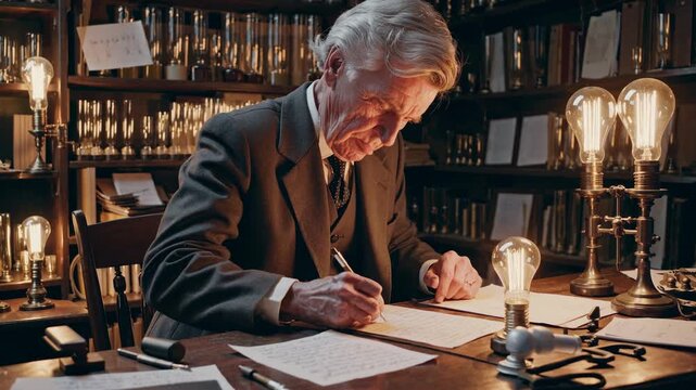 Vintage-style video of an elderly man writing at a desk, surrounded by glowing bulbs. Side angle captures the warm, nostalgic atmosphere.