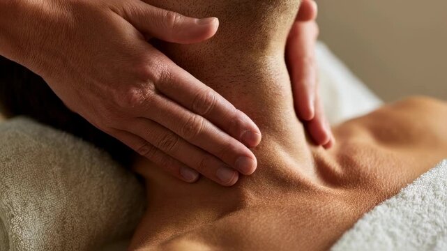 A closeup shot of hands delicately massaging a clients neck and shoulders showcasing the therapys focus on holistic rejuvenation. The soft texture of a warm towel and gentle steam from