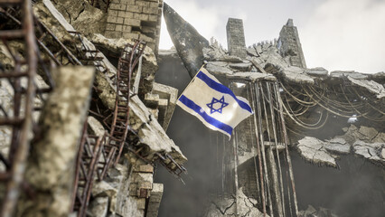 Israel Flag in War and Disaster Ruins