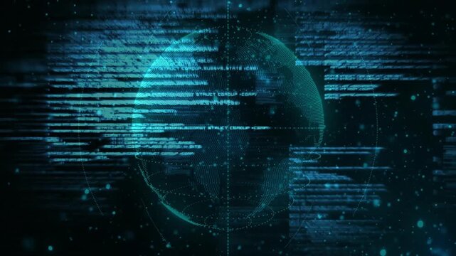 Faint digital Earth globe appearing scanning bars glitching code globe reappearing visualizing data