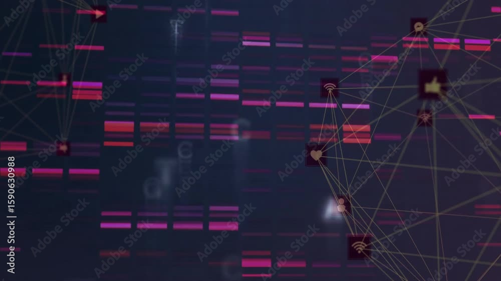 Poster faint bars materializing on left then network nodes sprouting icons to represent live data flow