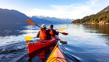Obraz premium Kayakers enjoying a serene lake landscape