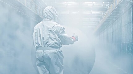 A worker in a safety suit navigates through a misty industrial environment, highlighting the importance of safety and visibility in hazardous conditions within production facilitie