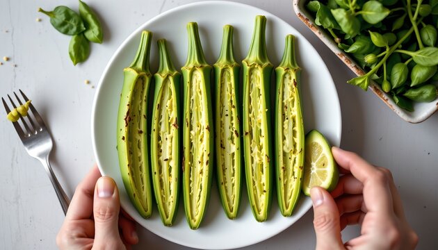 a plate of sliced cucumbers with spices, accompanied by sprigs of mint and a small dish with a green herb, suggesting a healthy meal prepara