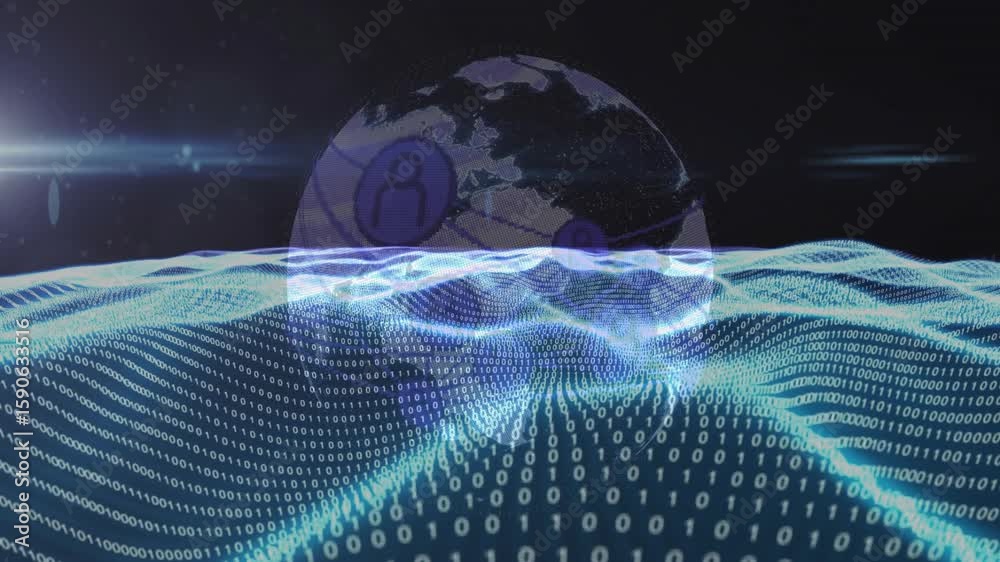 Poster binary wave flowing while transparent earth emerging rotating visualizing digital connections