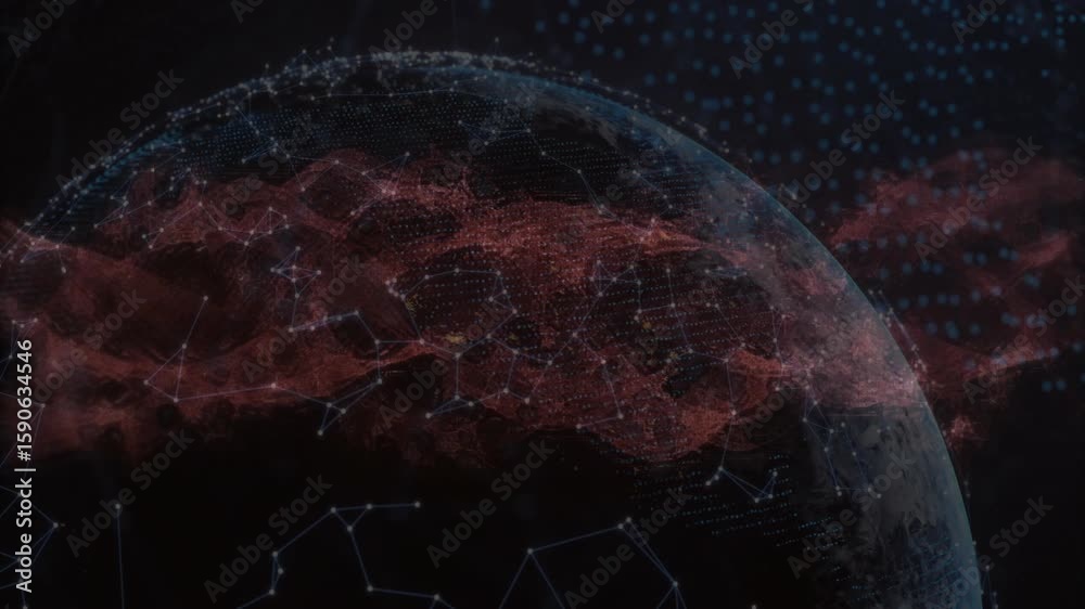 Poster emerging digital globe rotating with red mesh flowing through nodes, showing global data streaming