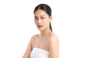 A beautiful young Asian woman with clean, fresh skin against a white background. Skincare, facial...