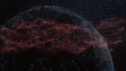 Emerging digital globe rotating with red mesh flowing through nodes, showing global data streaming - Powered by Adobe